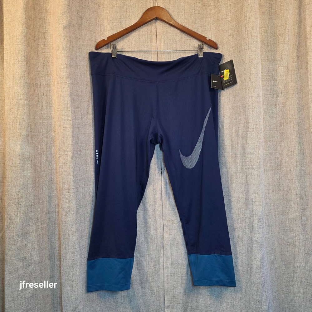 Nike Dri-FIT Plus Size 2X Navy Blue Teal Cropped Leggings Reflective Activewear